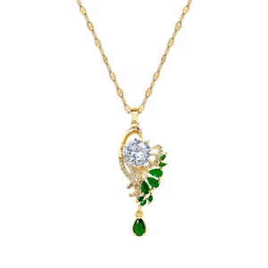 Titanium steel peacock necklace with gold finish, green crystals and clear stone pendant