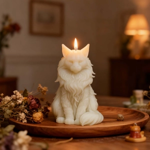 Macro detail of sitting Maine Coon cat candle with realistic white wax fur texture
