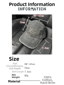 Size guide for washed cotton baseball cap showing 58-61cm circumference and 7.5cm brim details