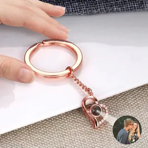 Macro view of rose gold heart pendant with cubic zirconia and photo projection lens