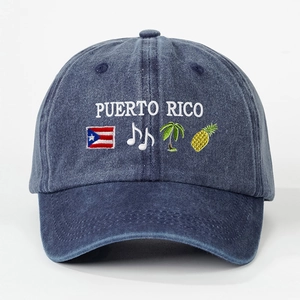 Vintage washed navy denim baseball cap with detailed Puerto Rico embroidery