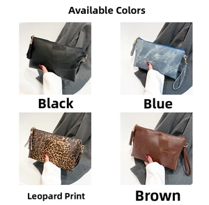 Collage of clutch bags in leopard print, black, blue, and brown with tassel details
