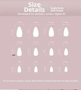 Size chart for stiletto false nails showing 12 precise dimensions and width measurements
