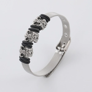Adjustable stainless steel mesh bracelet with black rubber rings and silver charms