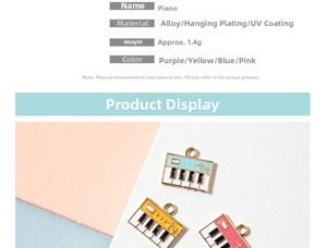Detailed macro view of enamel piano charm pendants in four colors for DIY jewelry making