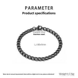 Detailed parameter view of black stainless steel Cuban chain bracelet with dimensions