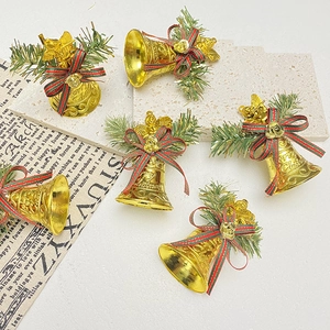 Gold Christmas Bell Ornaments With Ribbon Bow Pine Needles Angel Relief Merry Christmas Letters For Tree Hanging Decor