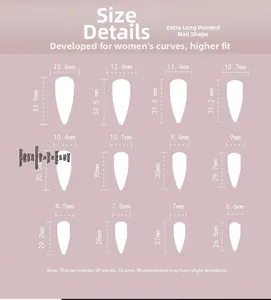 Detailed size guide for 24pcs extra long stiletto press-on nails in white finish
