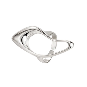Irregular 925 sterling silver ring with abstract fluid design on white background