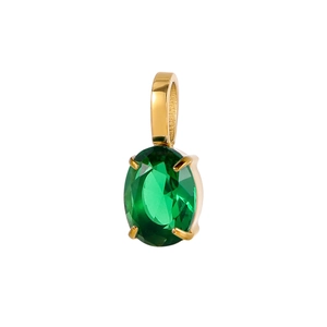 Close-up of emerald green oval stone with gold four-prong setting and polished bale