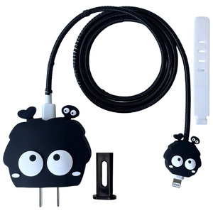 Detail view of 5-piece Christmas charger protector set with silicone soot sprite theme