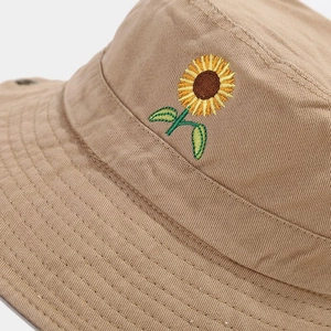 Khaki cotton sun hat with sunflower embroidery and stitched twill brim detail
