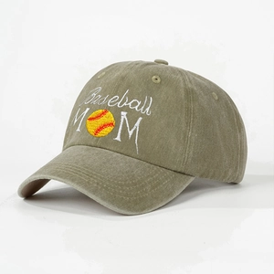 Vintage washed olive green Baseball Mom ponytail hat with 3D embroidery and curved brim