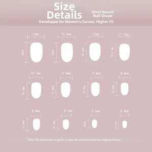 Detailed size chart for short round press-on nails showing 12 dimensions in mm