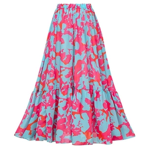 High-waisted ruffle skirt with pink and blue floral print for summer beach vacation