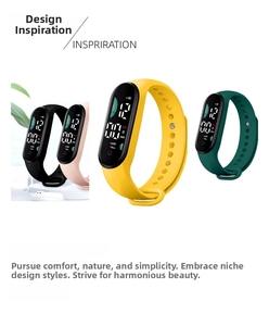 Detail showing silicone sport bracelets in black, pink, yellow, and green colors