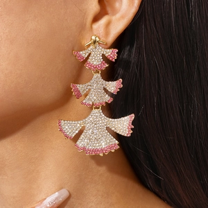 Fan Shaped Ginkgo Leaf Three Layer Dangle Earrings With Pink White Rhinestones And Silver Earring Post For Women Luxury