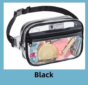 Detail of transparent PVC fanny pack with double zippers showing internal phone and makeup