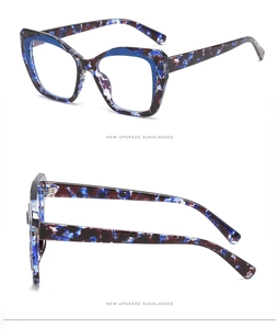 Detail view of TR90 square floral frame glasses with high-quality blue tortoise hinges