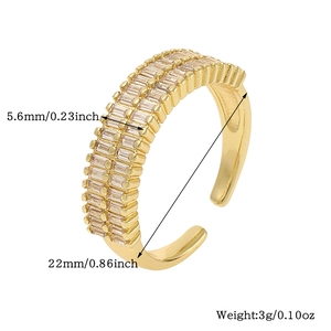 Detailed view of golden ring with double rows of rectangular stones and size specifications