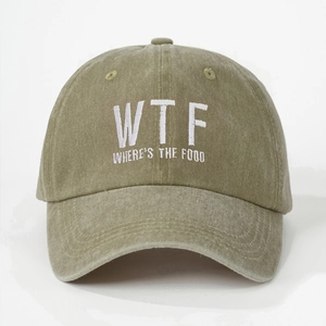 Army green washed cotton baseball cap with WTF WHERE'S THE FOOD white embroidery