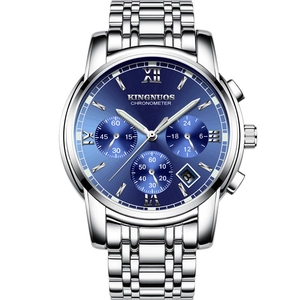 Elegante wasserfeste Herrenuhr aus Stahl mit blauem Sonnenstrahl-Zifferblatt und Chronograph