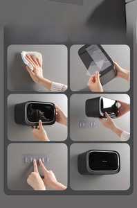 Six-step guide for wall-mounted tissue box installation with adhesive backing