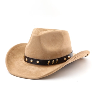 Camel western cowboy hat with studded leather band and brushed matte finish on white background