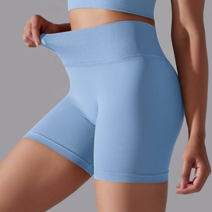 Short de yoga sans couture bleu clair à taille haute avec large ceinture côtelée élastique