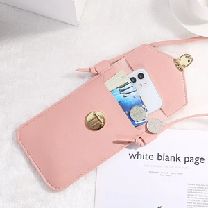 Pink faux leather crossbody phone bag with card slots and metal turn-lock closure