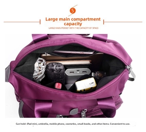 Detailed top view of purple nylon travel bag main compartment with large storage capacity