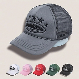 Detailed close-up of embroidered five-pointed stars on mesh trucker hats in various colors