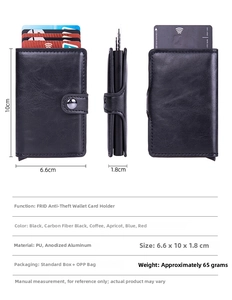 Detailed views of RFID blocking PU leather wallet showing multi-angle dimensions and features
