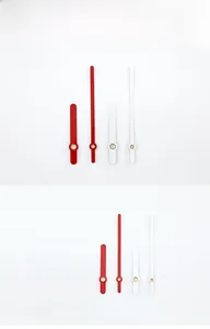 Detailed view of model 993 quartz clock hands in red and white aluminum finish
