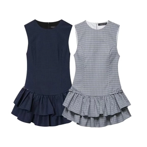 Sleeveless Plaid Round Neck Double Layer Ruffle Hem Mini Dress With Metal Buckle Polyester Blend Retro Casual Style Women