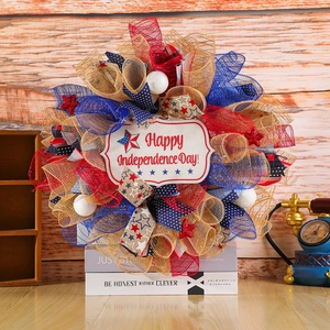 Patriotic Independence Day Wreath Red White Blue Mesh Door Hanging Decoration With Happy Independence Day Sign And Stars