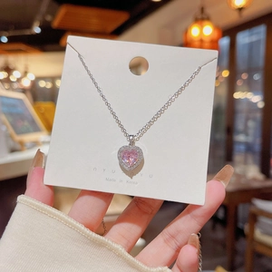 Pink Heart Pendant Necklace Titanium Steel Zirconia Inlaid Sweet Korean Style Elegant Sparkly Jewelry For Women