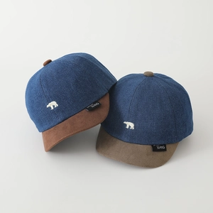 Kids denim baseball cap with polar bear embroidery and stylish short brown visor