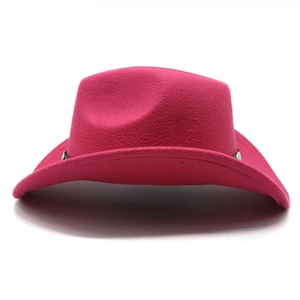 Detail of rose red wool felt cowboy hat with classic pinched crown and metal button