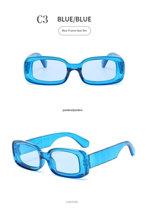 Detail view of small square sunglasses with translucent blue resin frame and tinted lenses