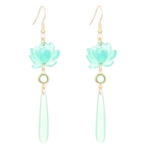 Vintage Chinese lotus earrings with light green water drop pendants and gold ear hooks