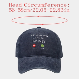 Detail of navy washed cotton cap with creative call pattern and size guide 56-58cm