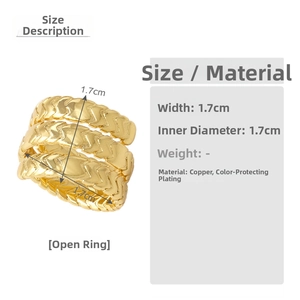 Detail view of 18k gold plated open ring with 1.7cm width and inner diameter specs