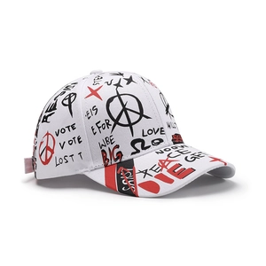 White street style graffiti baseball cap with black and red love peace print patterns