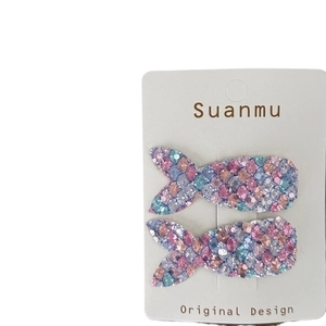 Sparkly mermaid tail sequin hair clips for kids in pink and purple colors, 2 piece set