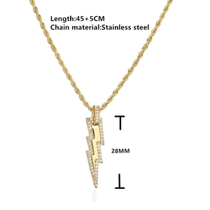 Golden stainless steel twist chain necklace with micro-pave zircon lightning bolt pendant