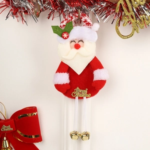 Plush Santa Claus ornament with golden bells and Merry Christmas text for tree decor