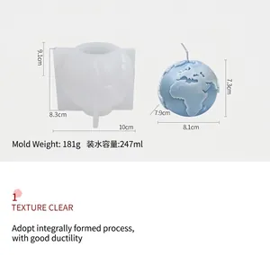 Detailed view of 3D globe silicone mold for DIY candles with dimensions and weight specs