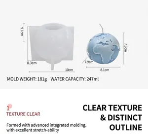 Detailansicht der 3D-Globus Silikonform für DIY-Kerzen mit Maßen und Gewichtsspezifikationen