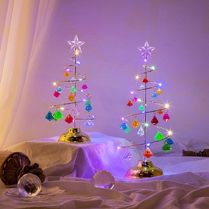 Luminous LED crystal spiral Christmas tree ornaments with colorful acrylic gems and gold base